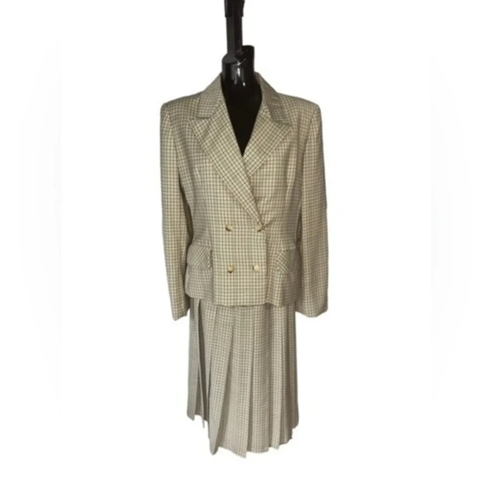 Vintage Bill Blass USA Tattersall Plaid Suit Double Breasted Box Pleat Skirt 14